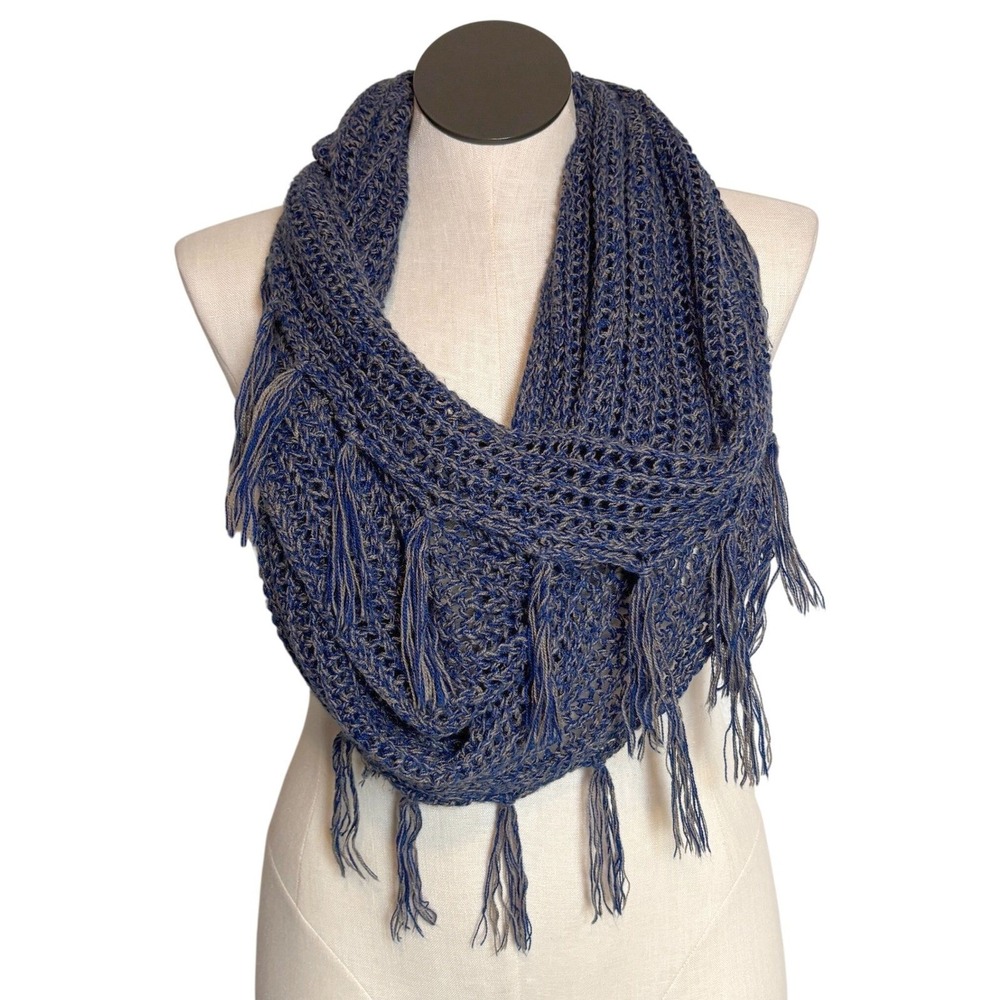 Infinity Scarf Loop Blue Knit Fringe Boho Womens‎ Accessory